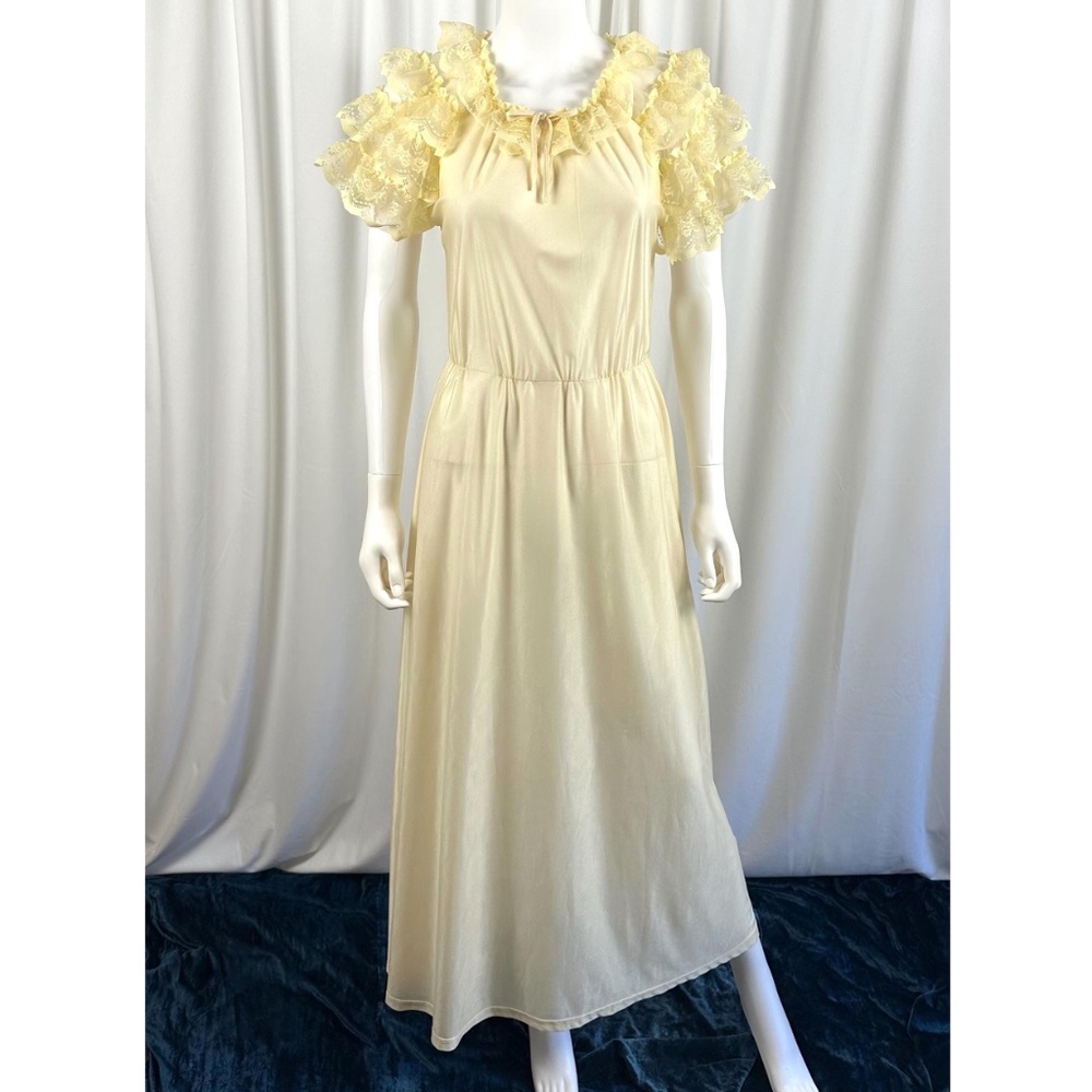 Vintage 70’s Bloomies Sheer Long Maxi Dress in Butter Beige Yellow • Ruffles - S